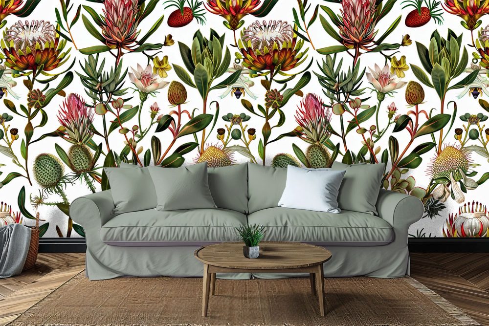 A botanical drawing of fynbos plants in a myriad of colours. Wall Mural available exclusively from Wallpaper Online South Africa.