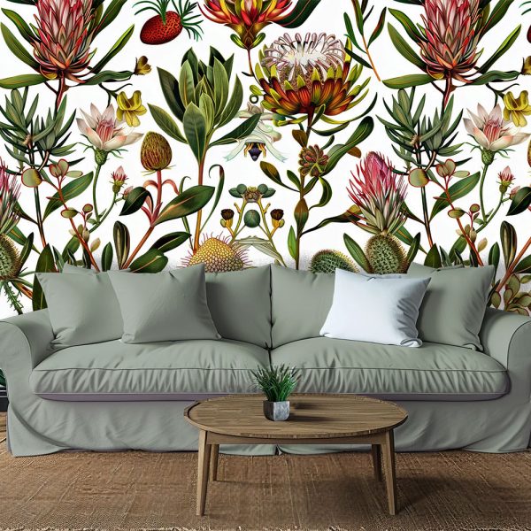 A botanical drawing of fynbos plants in a myriad of colours. Wall Mural available exclusively from Wallpaper Online South Africa.