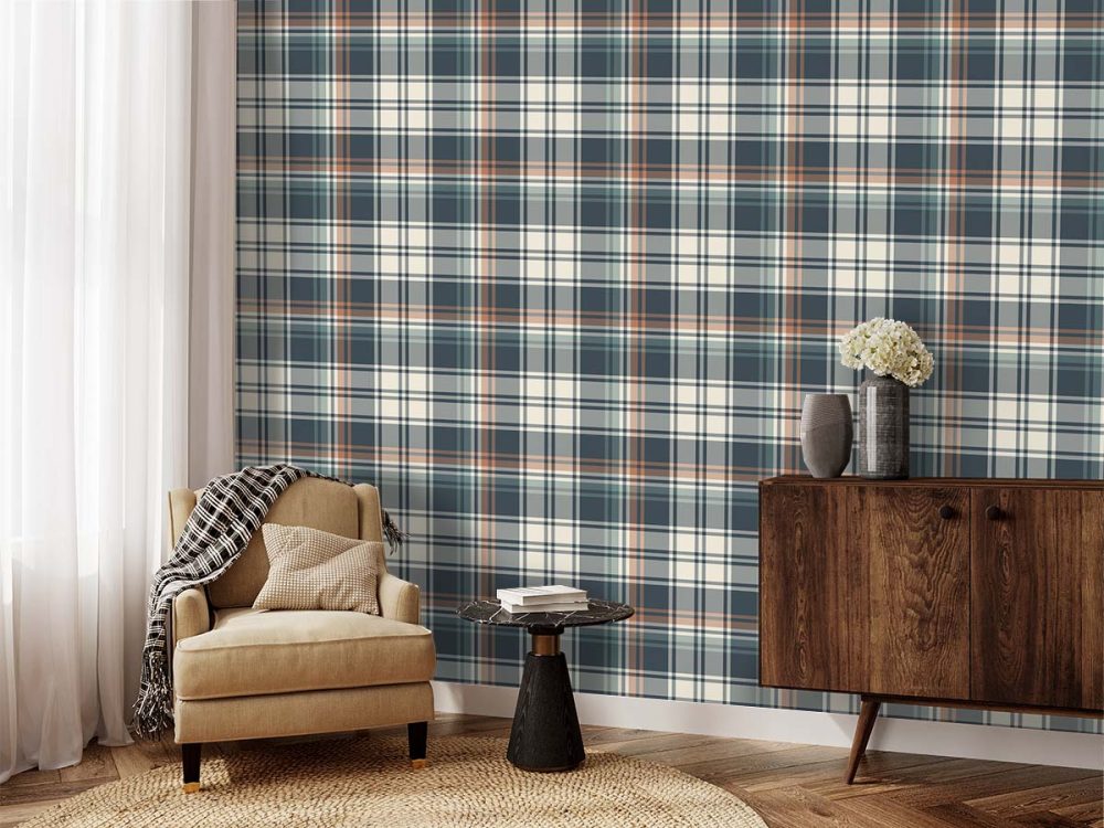 Gray, blue, green charcoal and white plaid design wallpaper. Tartan wallpaper for sale from Wallpaper Online South Africa