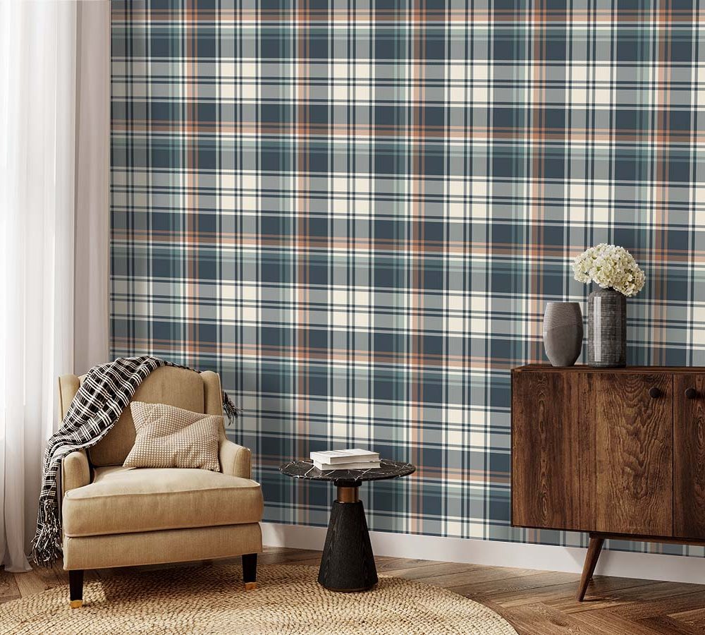 Gray, blue, green charcoal and white plaid design wallpaper. Tartan wallpaper for sale from Wallpaper Online South Africa