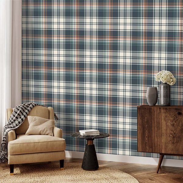 Gray, blue, green charcoal and white plaid design wallpaper. Tartan wallpaper for sale from Wallpaper Online South Africa