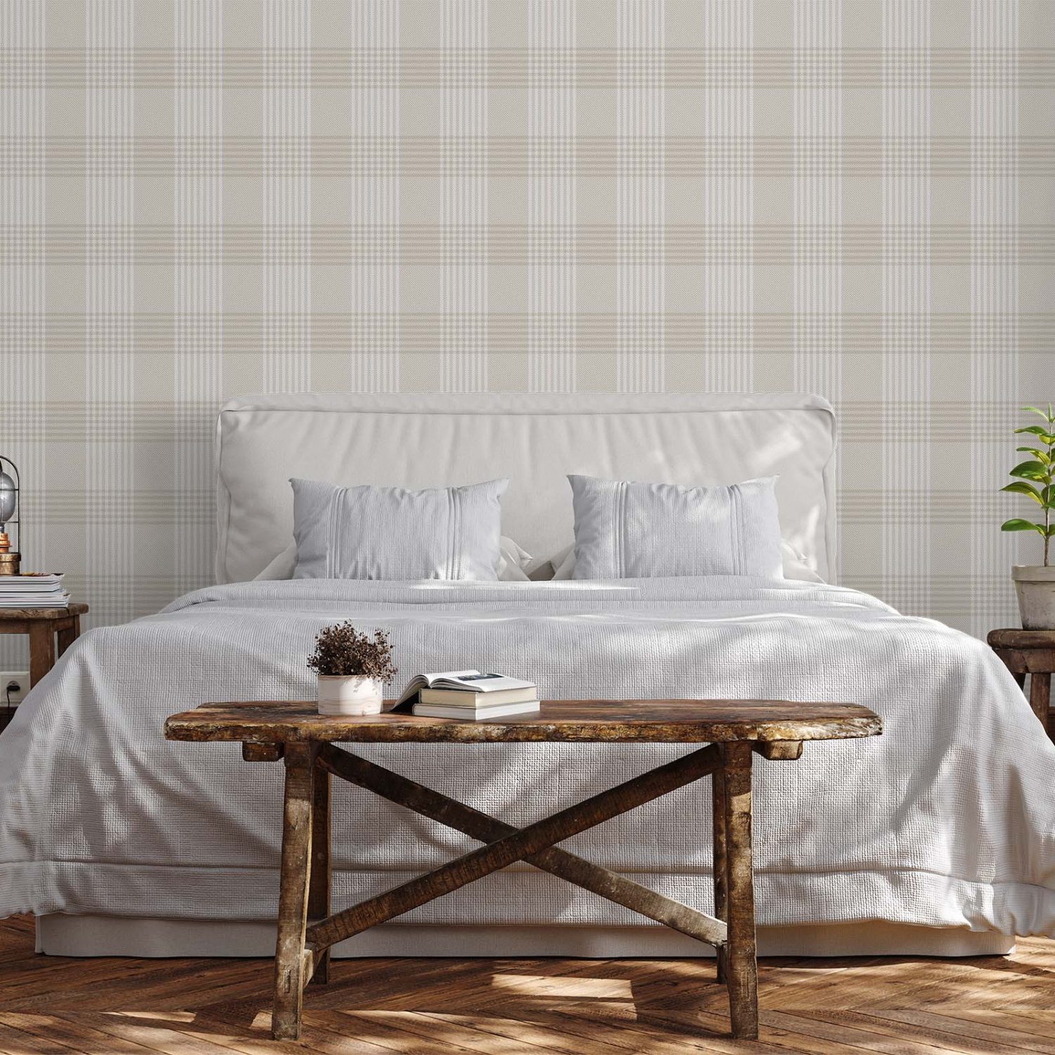 Beige, white and cream plaid design wallpaper. Tartan wallpaper for sale from Wallpaper Online South Africa