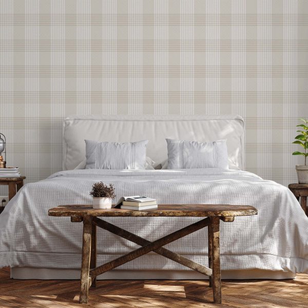 Beige, white and cream plaid design wallpaper. Tartan wallpaper for sale from Wallpaper Online South Africa