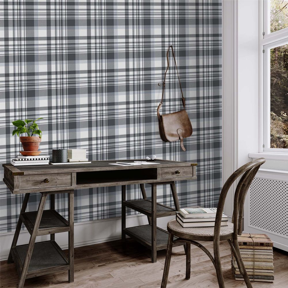 Gray, charcoal and white plaid design wallpaper. Tartan wallpaper for sale from Wallpaper Online South Africa