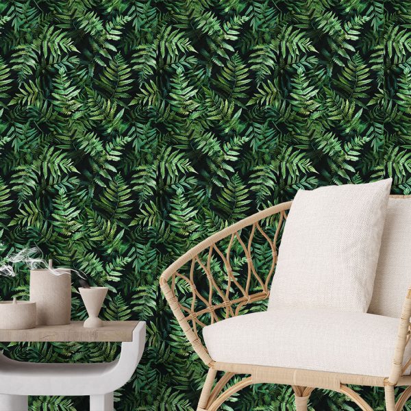 Wallpaper of ultra detailed fern leaves growing out of darkness creating a plant wall effect. Exclusively available from Wallpaper Online South Africa.