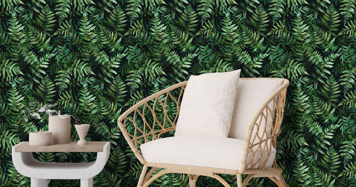 Wallpaper of ultra detailed fern leaves growing out of darkness creating a plant wall effect. Exclusively available from Wallpaper Online South Africa.