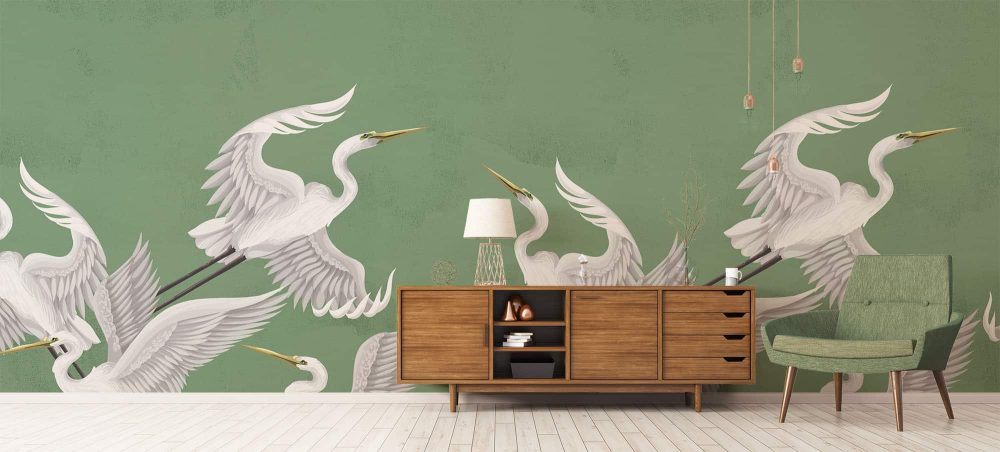 Taking flight heron wallpaper in green