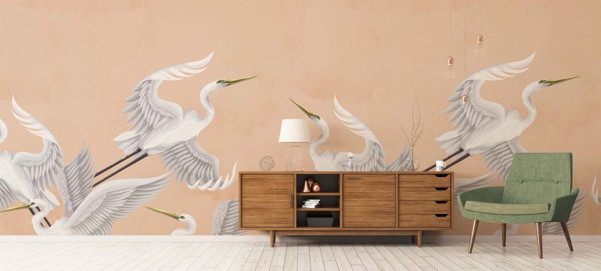 Taking flight heron wallpaper in peach fuzz