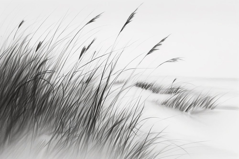 A charcoal sketch of reeds growing on the edge of the beach