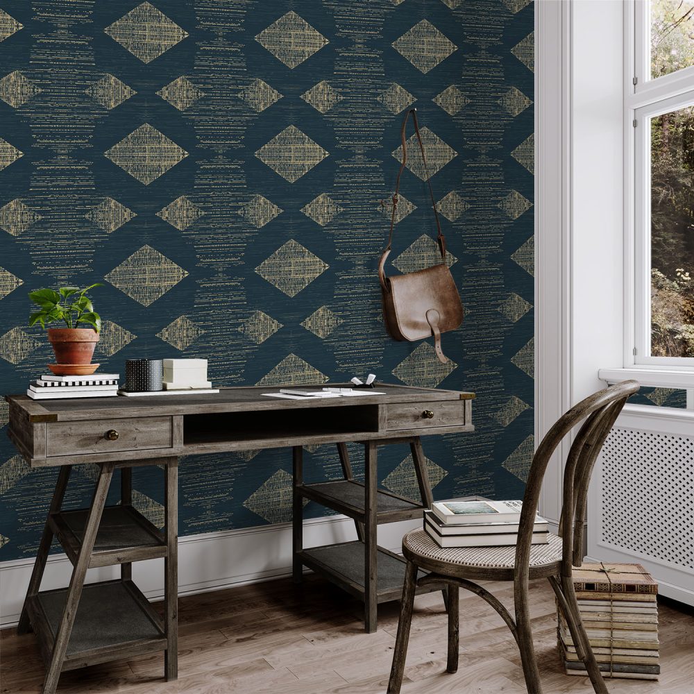 Grass weave pattern of beige gold African pattern on teal wallpaper exclusively available from Wallpaper Online South Africa.
