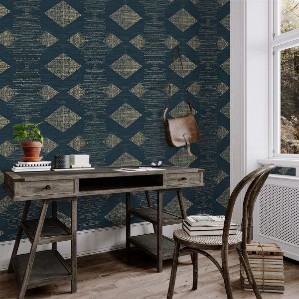 Grass weave pattern of beige gold African pattern on teal wallpaper exclusively available from Wallpaper Online South Africa.