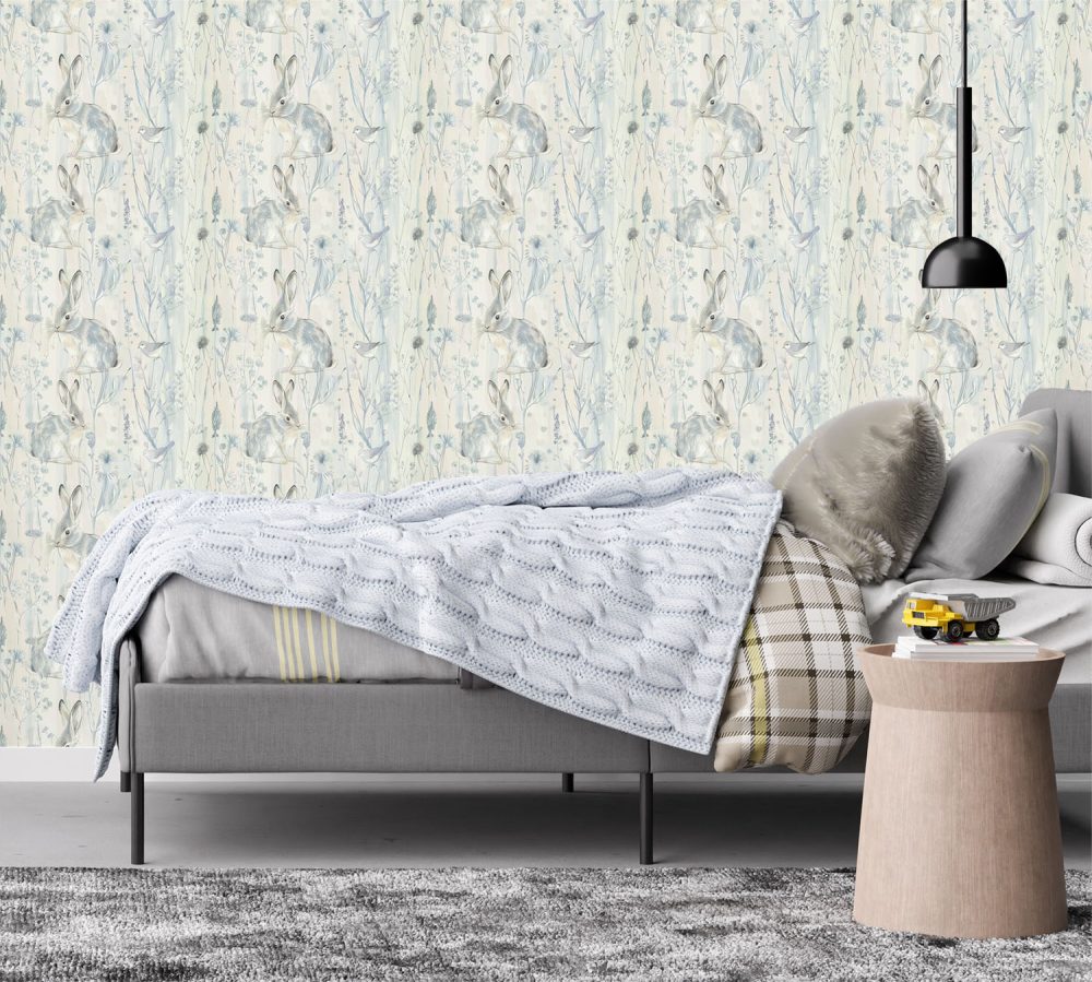 Rabbits, birds & thistles in a soft blue and beige wallpaper from Wallpaper Online South Africa