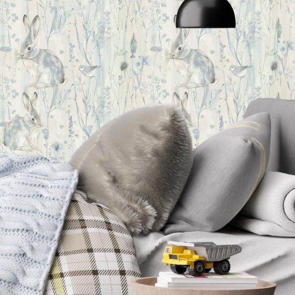 Rabbits, birds & thistles in a soft blue and beige wallpaper from Wallpaper Online South Africa