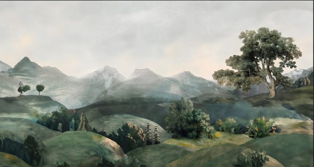 Vintage oil painting style green countryside mural from Wallpaper Online South Africa.