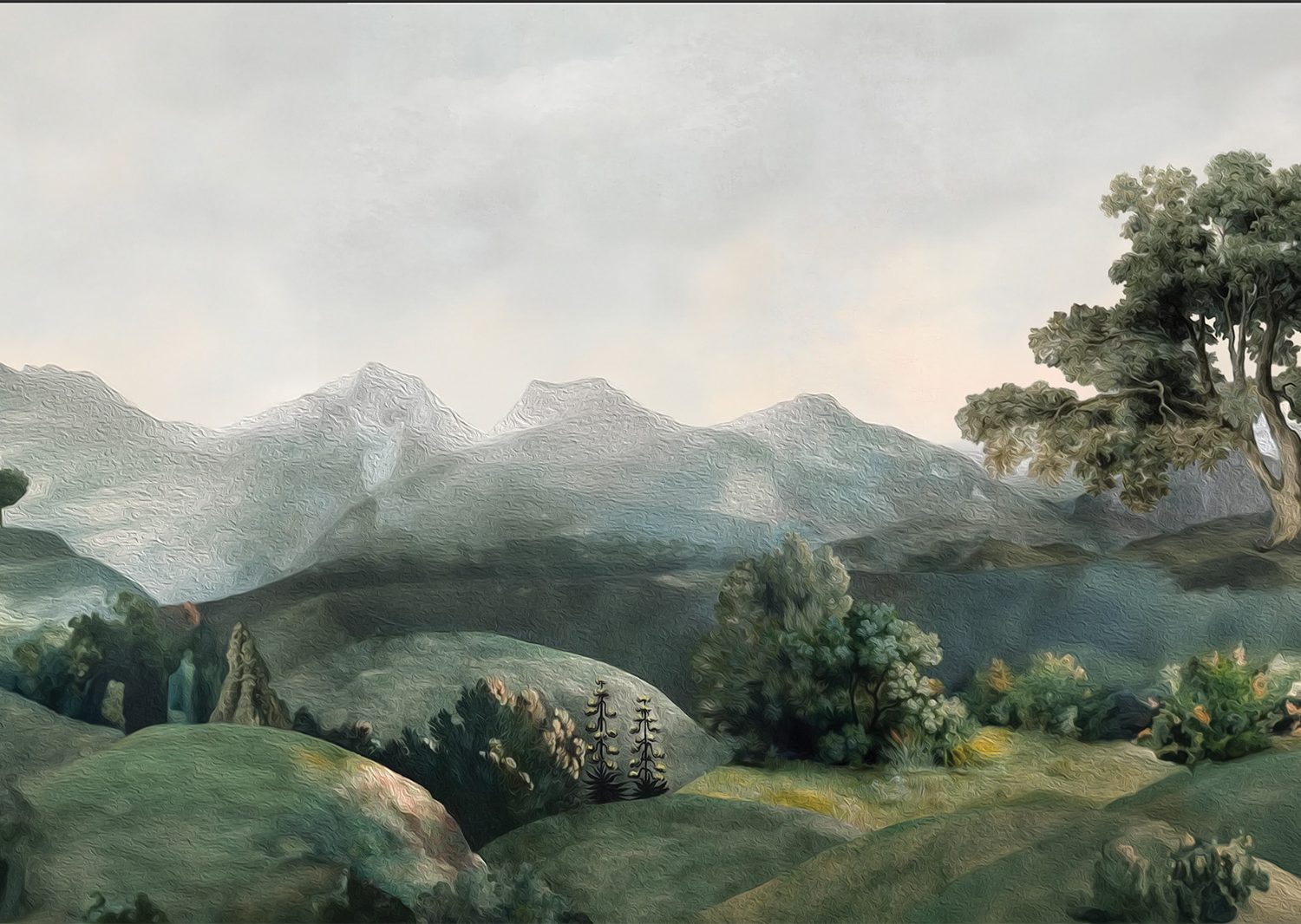 Vintage oil painting style green countryside mural from Wallpaper Online South Africa.