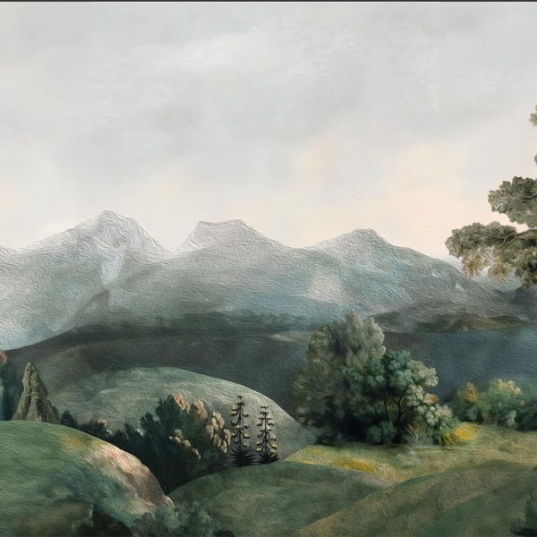 Vintage oil painting style green countryside mural from Wallpaper Online South Africa.
