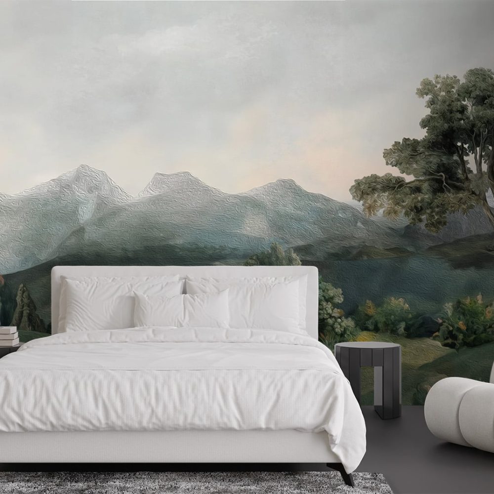 Vintage oil painting style green countryside mural from Wallpaper Online South Africa.