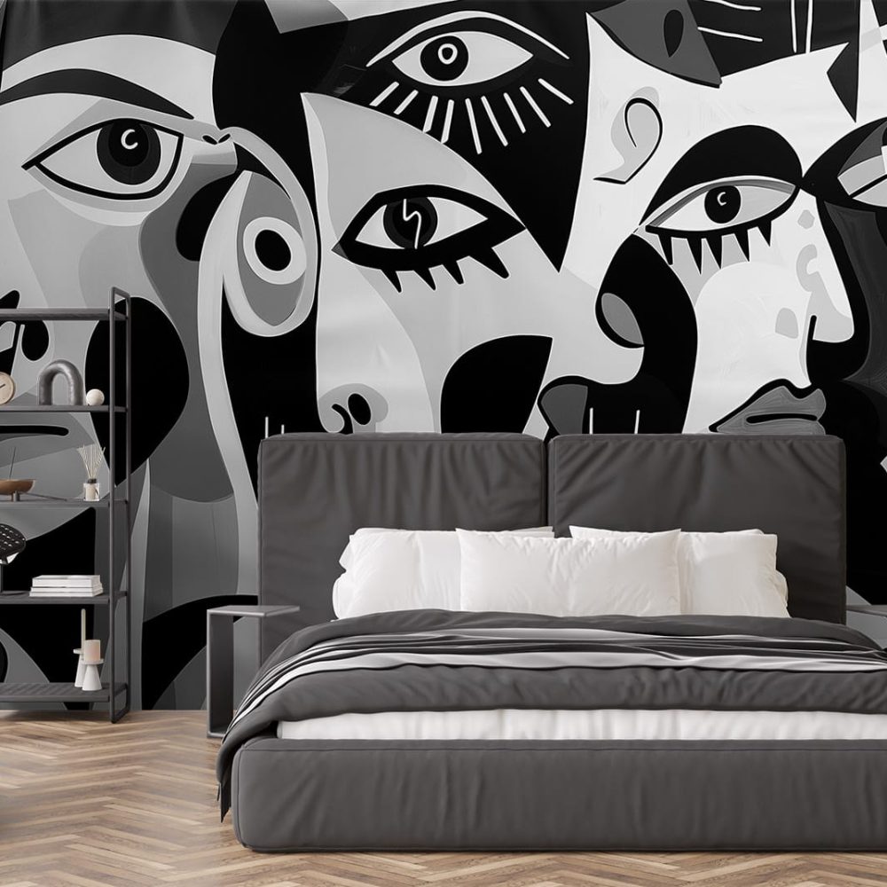 Monochrome geometric faces reminiscent of Picasso wall mural exclusively from Wallpaper Online South Africa