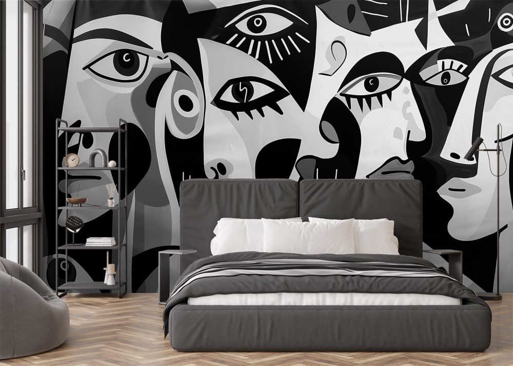 Monochrome geometric faces reminiscent of Picasso wall mural exclusively from Wallpaper Online South Africa