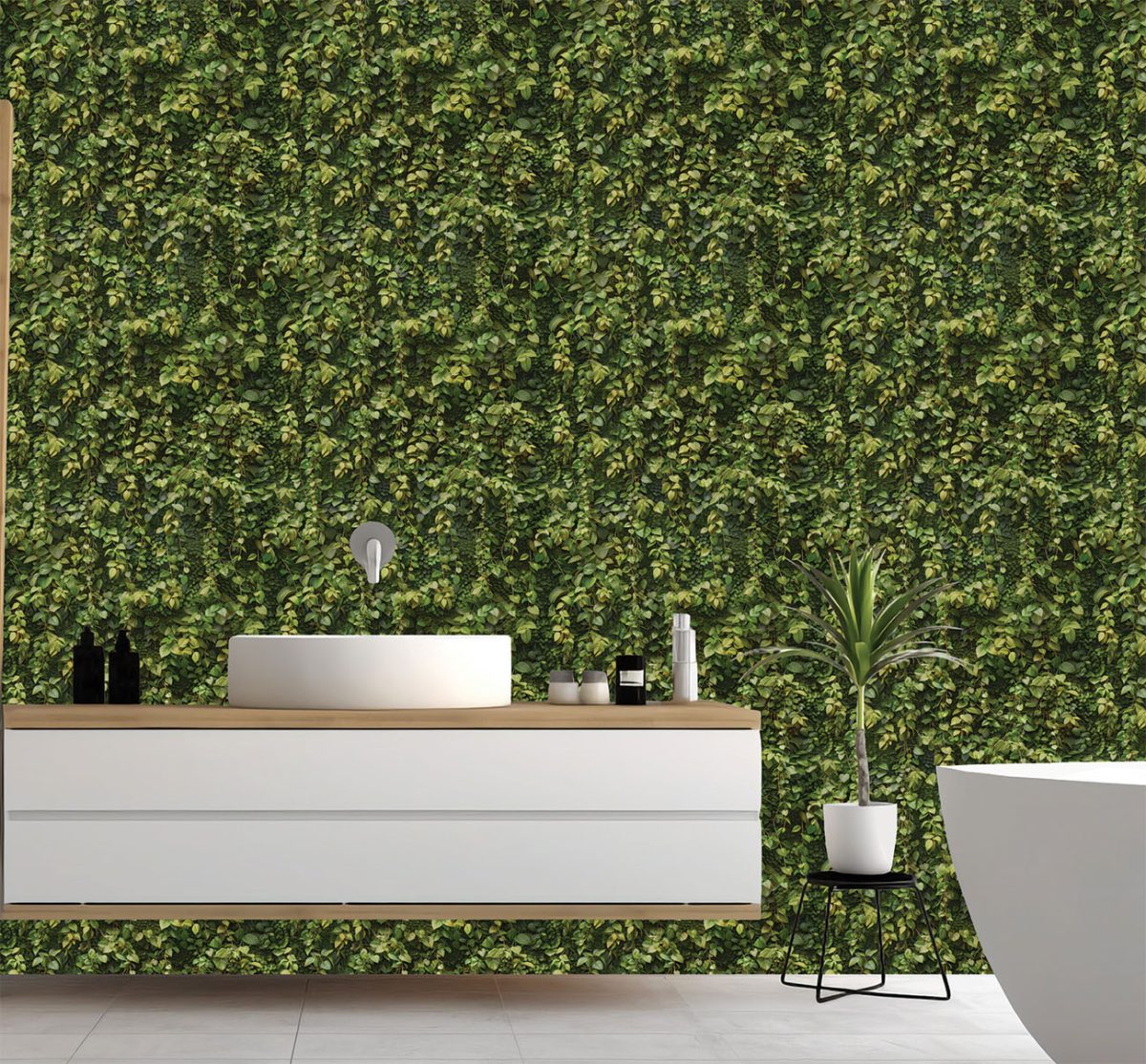 Wallpaper of ultra detailed vine leaves growing out of darkness creating a plant wall effect. Exclusively available from Wallpaper Online South Africa.