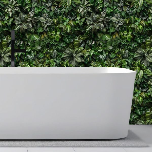 Wallpaper of ultra detailed lush leaves growing out of darkness creating a plant wall effect. Exclusively available from Wallpaper Online South Africa.