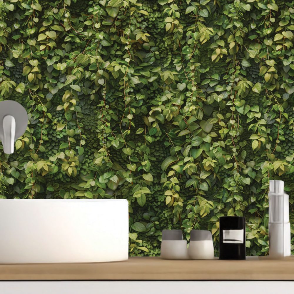 Wallpaper of ultra detailed vine leaves growing out of darkness creating a plant wall effect. Exclusively available from Wallpaper Online South Africa.