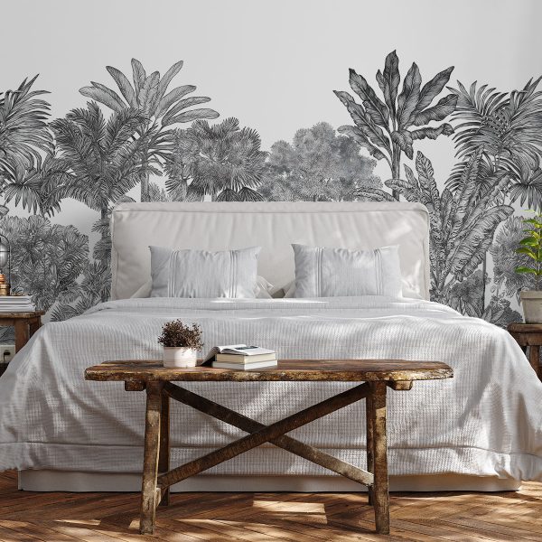 Black and white etching of a tropical vintage forest wall mural. Exclusively from Wallpaper Online South Africa.