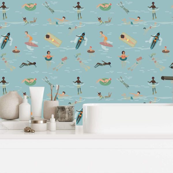 People surfing, swimming and enjoying the beach wallpaper exclusive to Wallpaper Online.