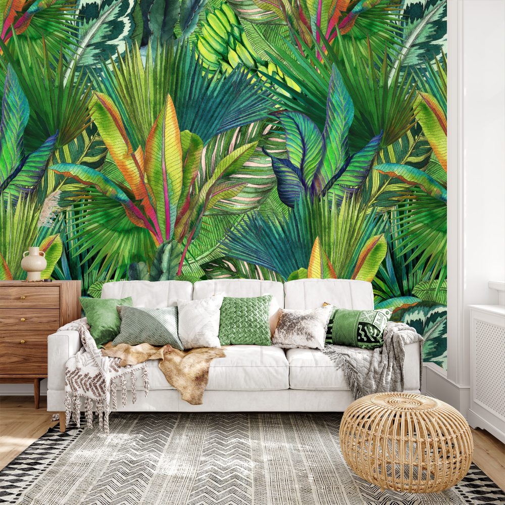 Bright lush tropical leaves in maximal watercolours. Mural available exclusively from Wallpaper Online South Africa