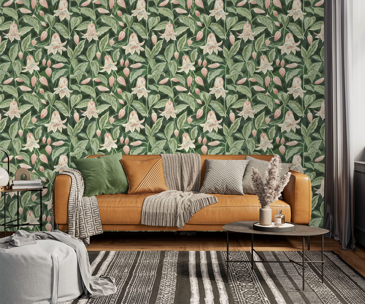 Pink and Green wallpaper pattern of moonflowers available exclusively from wallpaper online South Africa