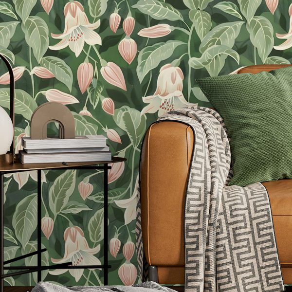 Pink and Green wallpaper pattern of moonflowers available exclusively from wallpaper online South Africa