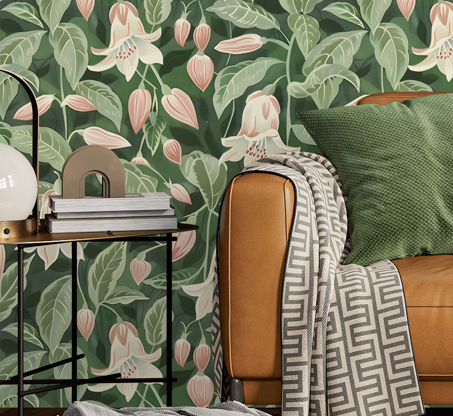 Pink and Green wallpaper pattern of moonflowers available exclusively from wallpaper online South Africa