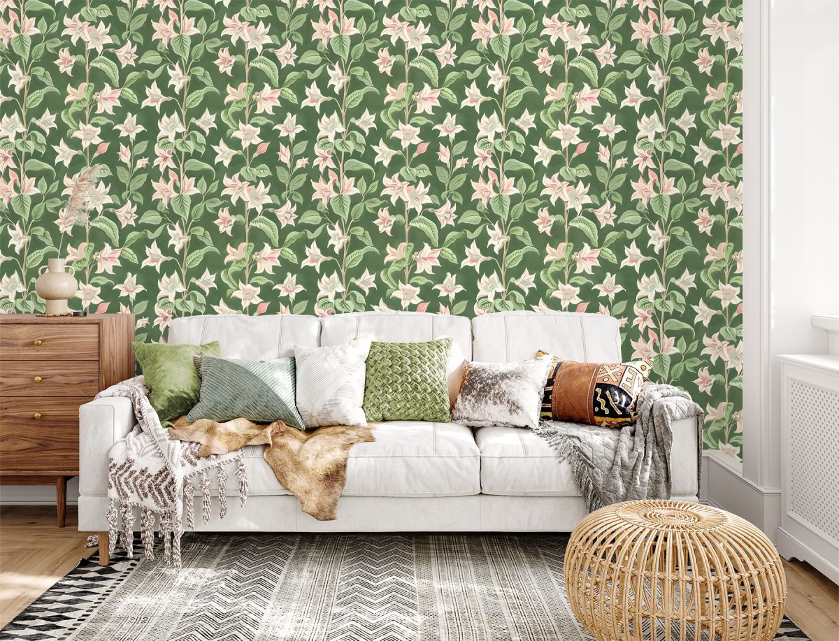 Pink and Green wallpaper pattern of moonflowers available exclusively from wallpaper online South Africa