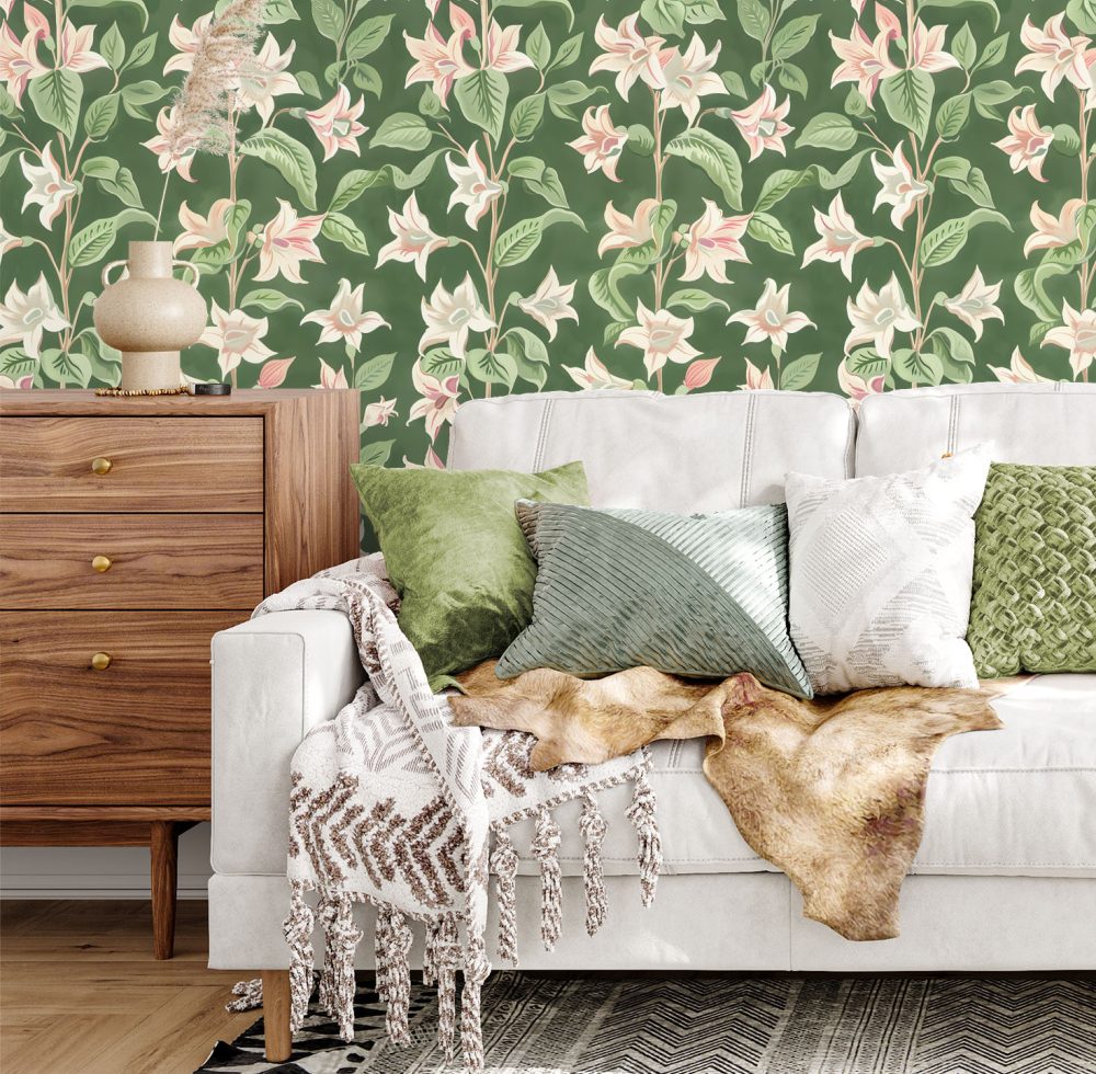 Pink and Green wallpaper pattern of moonflowers available exclusively from wallpaper online South Africa