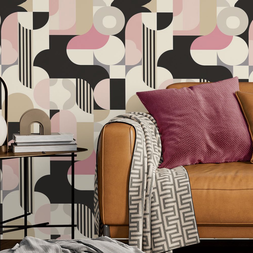 Pink black and beige geometric art deco monochrome wallpaper available exclusively from Wallpaper Online South Africa