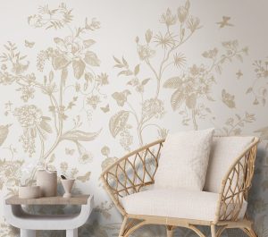 Babylon Mural Beige - This enchanting botanical mural features delicate blue line-drawn flowers and foliage scattered across