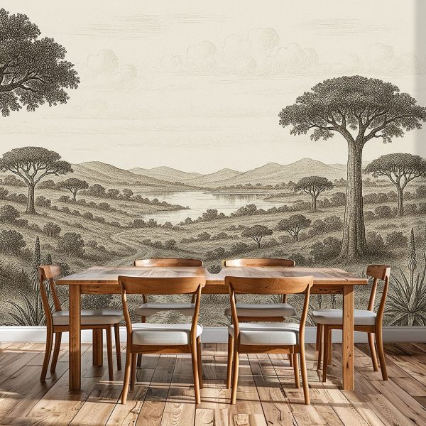A majestic African landscape mural featuring baobabs, aloes, and sweeping savanna views — bringing nature’s grandeur into your home with timeless, etching-style elegance.