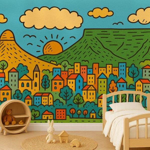 Cape Town in Colour – A playful doodle-style celebration of the city’s vibrant spirit, featuring Table Mountain and Lion’s Head against a cheerful off-white backdrop.