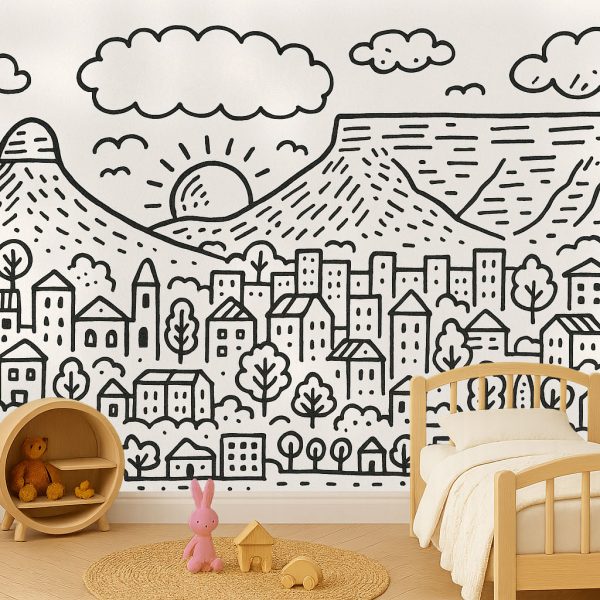 A joyful doodle mural of Cape Town, bursting with character — featuring Lion’s Head, Table Mountain, and a vibrant cityscape that brings playful South African charm to any child’s room.