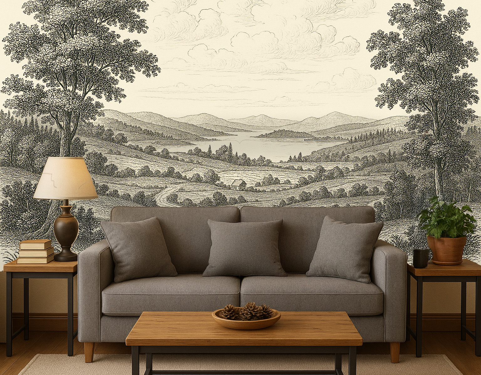 A timeless countryside mural that brings the charm of rural landscapes into your home — effortlessly elegant, endlessly calming.