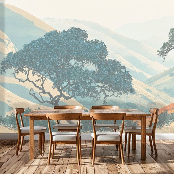 Breathe in the stillness of the valley with this warm, earthy mural—where rolling hills meet sculptural trees in timeless harmony.
