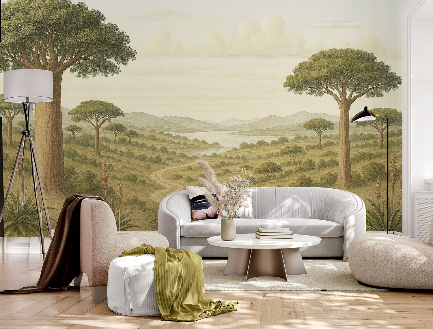 mmerse your home in the quiet majesty of Africa’s wilderness with this coloured baobab and aloe mural — a serene statement piece that celebrates the natural beauty of the savanna.