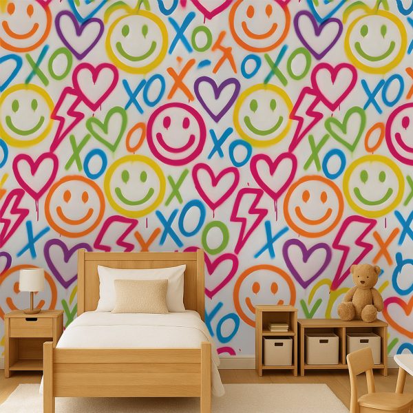 A vibrant graffiti-style mural bursting with colourful smiley faces, hearts, XOs, and lightning bolts — perfect for adding playful energy to any child’s room.
