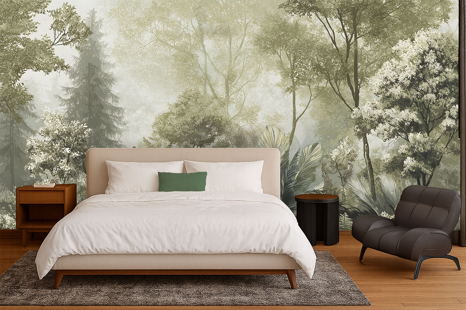 A gentle escape into the subtropics—this forest mural softens your space with misty greens, palms, and quiet calm.