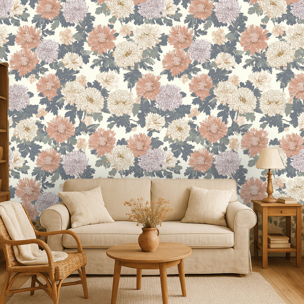 Oversized chrysanthemums in soft, vintage tones bloom across this statement wall mural – a serene botanical centrepiece for romantic, nature-inspired interiors.
