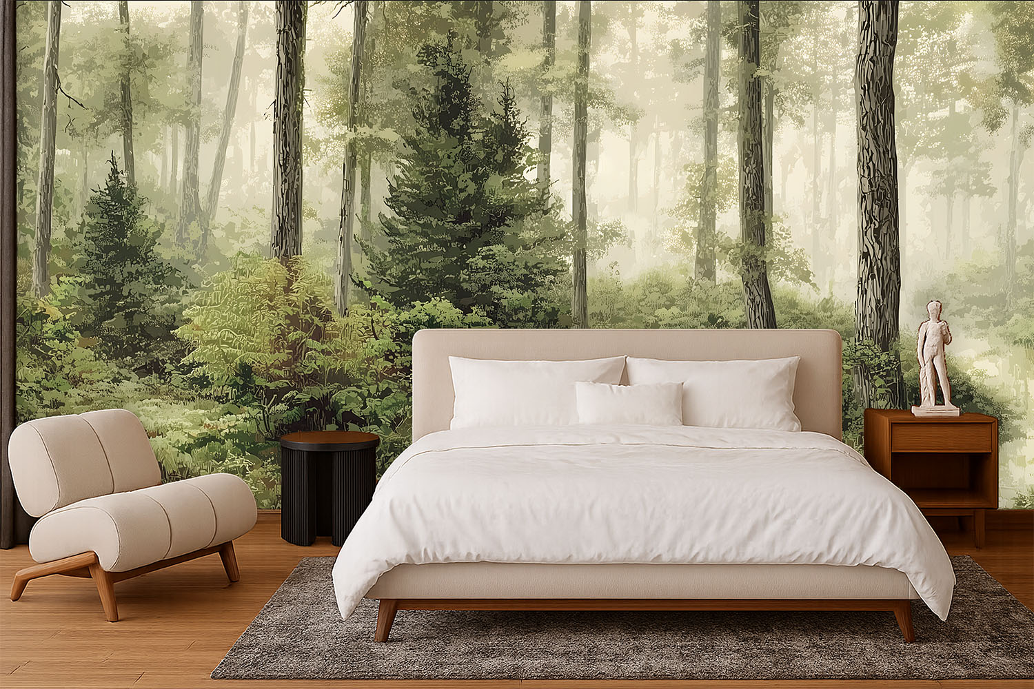 forest mural, woodland wallpaper, misty forest wallpaper, nature wall mural, pine tree mural, trail wallpaper, peel and stick wallpaper, removable wallpaper, waterproof wallpaper, canvas textured wallpaper, bathroom friendly wallpaper, bedroom mural, hallway wallpaper, meditation space wallpaper, green, brown, grey, foggy forest, tranquil design, scenic nature mural