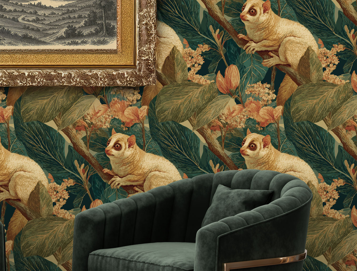 A curious gaze from the canopy—this bushbaby mural brings jungle charm and vintage magic to your walls.