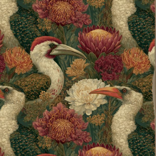 A wild and elegant flourish—hornbills and proteas bring bold botanical drama to your space with this richly detailed wallpaper.