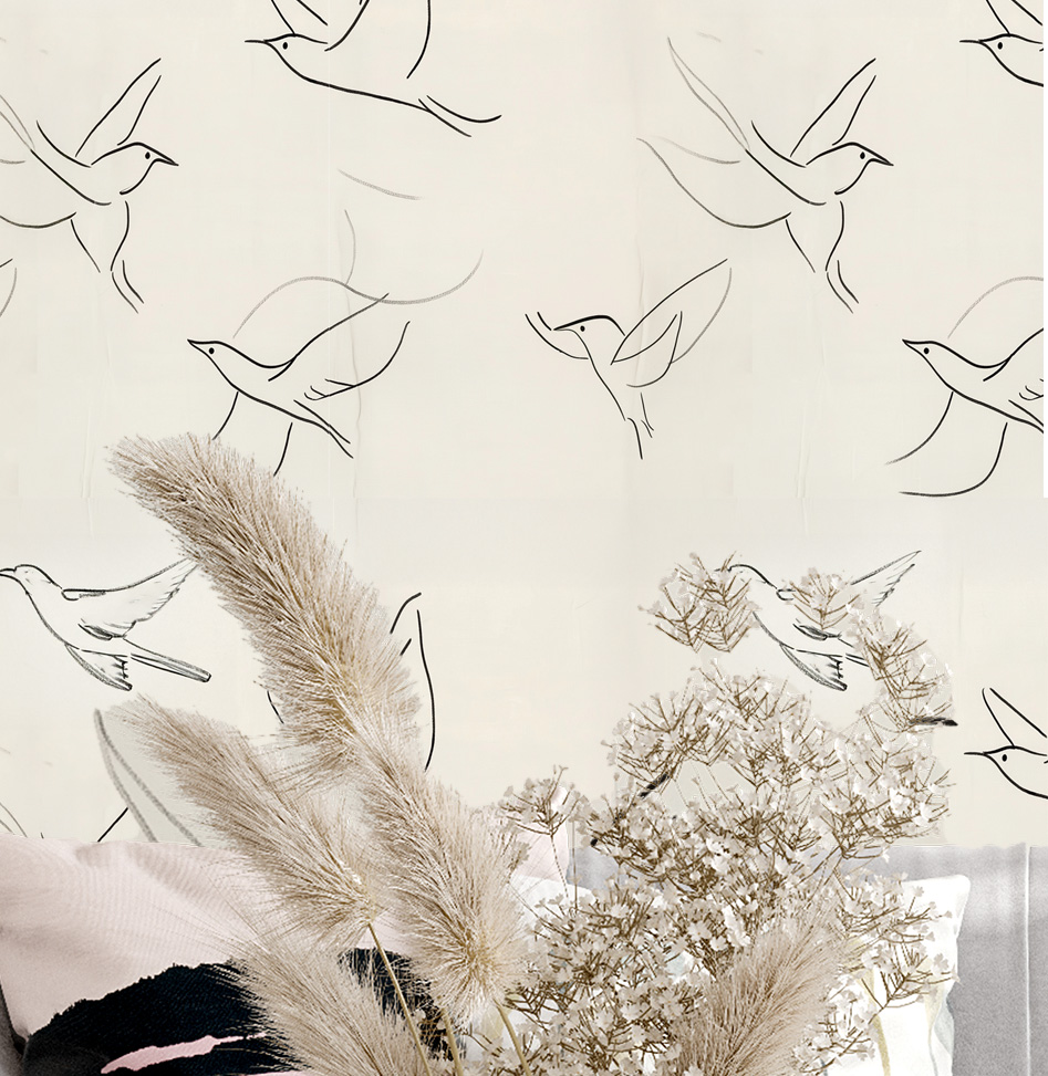 Elegant charcoal bird sketch mural on peel and stick, waterproof wallpaper—perfect for serene, modern spaces and renter-friendly interiors.