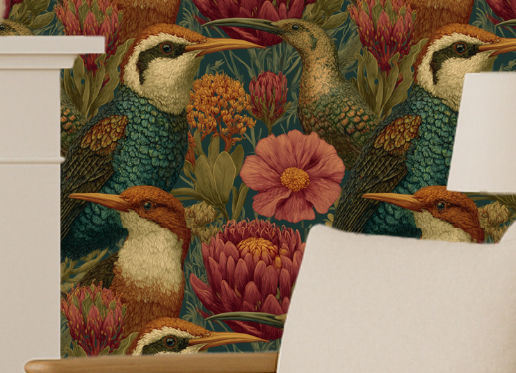 Vibrant and whimsical, this sunfisher and protea mural brings a richly layered burst of nature into your space—wild, warm, and wonderfully bold.